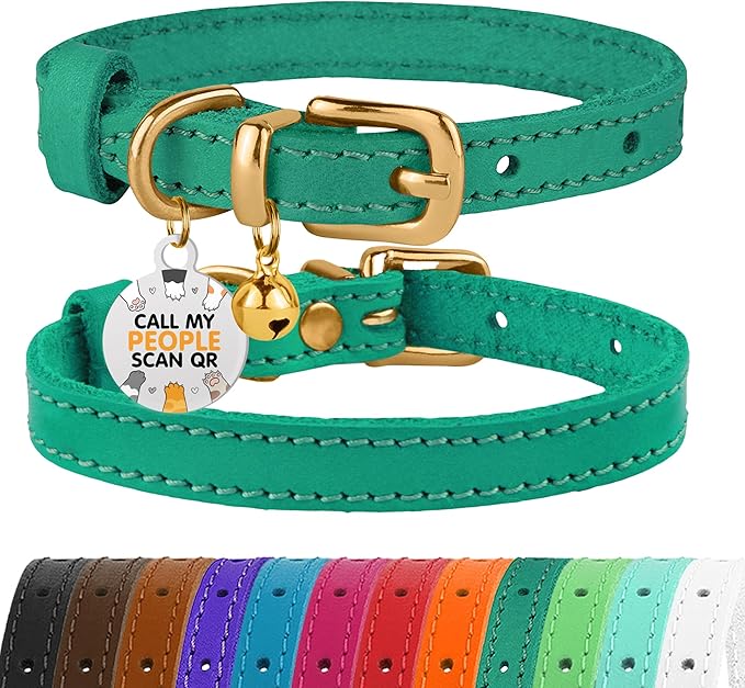 BRONZEDOG Leather Cat Collar with Removable Bells Non Breakaway Kitten QR Tag for Girl Boy (7" - 9" for Cats, Green & Gold)-Mewly Pet
