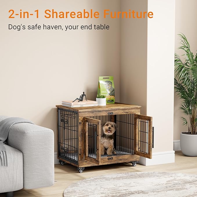 Lulive Small Dog Crate Furniture, Dog Kennel Indoor Double Doors Wooden Dog Cage, 27.1'' Heavy Duty Dog Crate with Cushion & Wheels, Decorative End Table Pet House Chew-Resistant for Small Dogs, Brown-Mewly Pet
