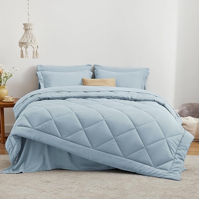 Love's cabin Twin Comforter Set Light Blue, 5 Pieces Twin Bed in a Bag, All Season Bedding Sets with 1 Comforter, 1 Flat Sheet, 1 Fitted Sheet, 1 Pillowcase and 1 Pillow Sham