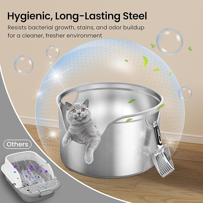 Stainless Steel Litter Box Metal with Integrated Round for XL/XXL Big and Multi Cats, 12" High Wall High Side, Odor Control, Easy to Clean, Durable, Includes Stainless Steel Scoop-Mewly Pet