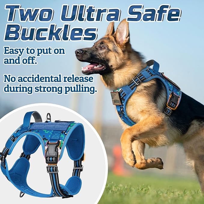 rabbitgoo Tactical Dog Harness for Large Dogs, No Pull Military Service Vest with Handle & Molle, Easy Control for Training Walking, Adjustable Reflective Straps, Blue Camo, XL-Mewly Pet