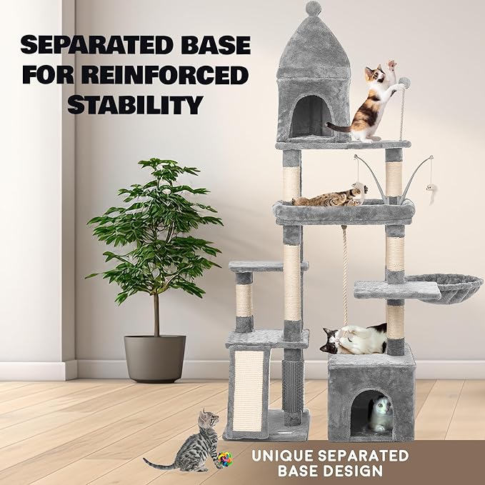 Large Cat Tree Tower for Large Cats, Cat Scratching Post, Self Grooming Post, Interactive Cat Toys, Oversized Perch and Basket, Heavy Duty 72", Light Grey-Mewly Pet