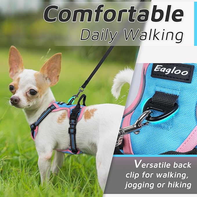Eagloo Small Dog Harness No Pull, Service Vest with Reflective Strips and Control Handle, Adjustable and Comfortable for Walking, No Choke Pet Harness with 2 Metal Rings, Pink & Blue, XS-Mewly Pet
