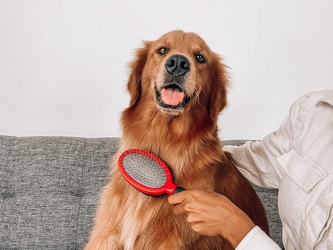 Tuff Pupper Double Sided Dog Brush, Detangling Tool for Dogs and Cats, Pin & Bristle Pet Brush, for and Hair Types, With Comfort-Grip Anti-Slip Handle, Brown, Black, White-Mewly Pet