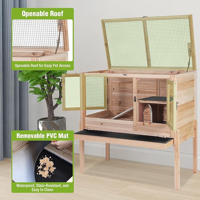 GUTINNEEN Indoor Guinea Pig Cages - Wooden Rabbit Cage Bunny Hutch with Chew-Proof Ramp, Pull-Out Tray, Leakproof PVC Layer & Detachable Legs for Rabbits, Guinea Pigs (Natural Wood)-Mewly Pet