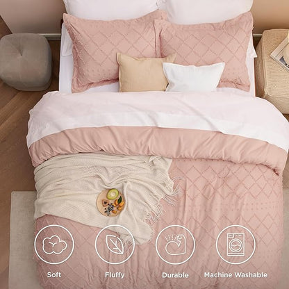 Bedsure King Comforter Set - Coral Pink Comforter, Boho Tufted Shabby Chic Bedding for Kids, 3 Pieces Vintage Farmhouse Bed Set for All Seasons, Fluffy Soft Bedding with 2 Pillow Shams