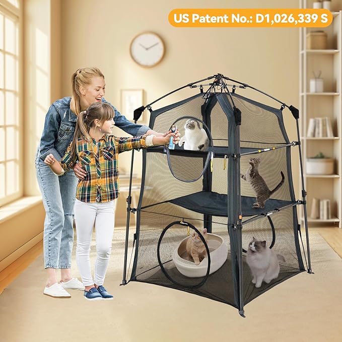 X-Large Catio Outdoor Cat Enclosure and Cat Tower Tent for Indoors and Outdoor,3 Tier Spacious Cat Tent,Portable and Foldable Catio,Two Doors Design can Assemble More Shapes (Patented)-Mewly Pet