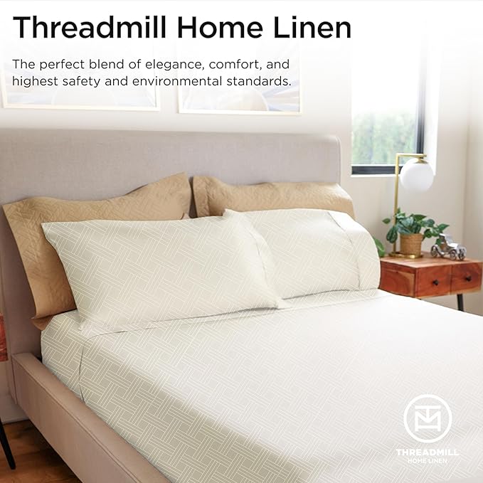 Threadmill California-King Sheets - 800 Thread Count Jacquard Celine Ivory, 100% Pure Cotton 4 Piece Striped Bed Set, Extra Long Staple Cotton, Luxury Damask Sheets with Elasticized Deep Pocket