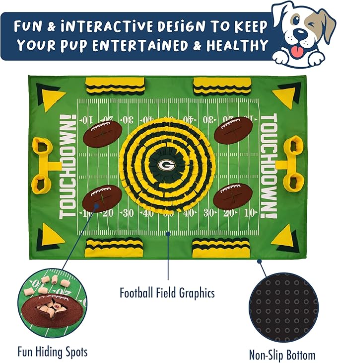 NFL Green Bay Packers Dog Snuffle Mat – Interactive Pet Slow Feeder, Football Field Design Food Puzzle Toy for Dogs & Cats, Foraging Activity Mat for Smarter Feeding-Mewly Pet