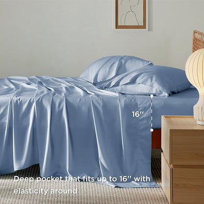 Bedsure Full Size Bed Sheets, Cooling Sheets, Rayon Derived from Bamboo, Breathable & Soft, Deep Pocket Up to 16 Inches, Hotel Luxury Silky Bedding for Hot Sleepers, Dusty Blue