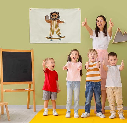 Lion Skateboarding Nursery Rectangular Canvas Banner-Flag Wall Sign Decor for Toddler Boys Kids,Baby Room Above Crib Playroom Reading Room Bedroom Dorm Decor-Baby Shower Birthday Christmas Gift