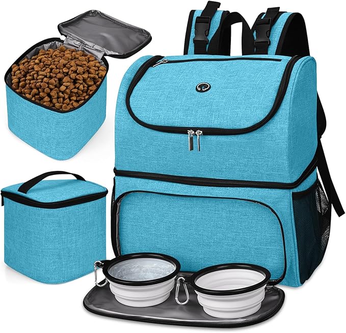 BAGLHER Pet Travel Bag, Double-Layer Pet Supplies Backpack (for All Pet Travel Supplies), Pet Travel Backpack with 2 Silicone Collapsible Bowls and 2 Food Baskets Sky Blue-Mewly Pet