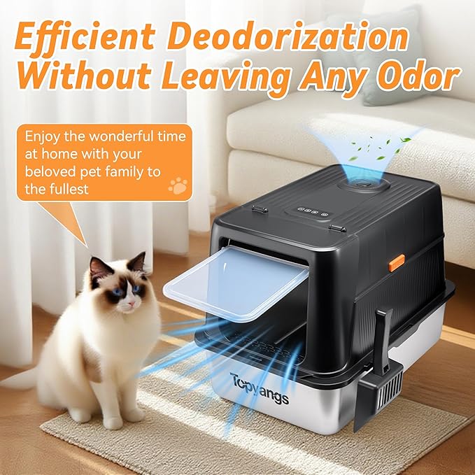 Odor-Control Stainless Steel Litter Box, 135° Flip-Top Metal Cat Litter Box with Electric Deodorization, Enclosed High Sided Litter Pan, Breeze Litter Box System, Anti-Urine Leakage-Mewly Pet