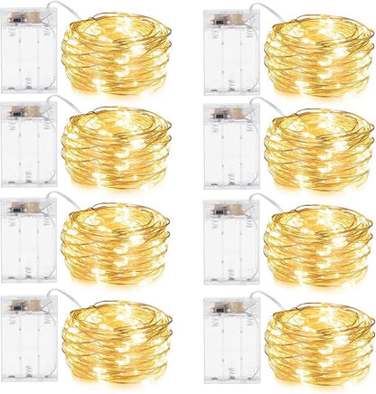 Minetom Fairy Lights Battery Operated, 8 Pack 7 FT 20 LED String Lights with Timer, Waterproof Silver Wire Christmas Fairy Light for Bedroom Party Wedding Decorations, Warm White