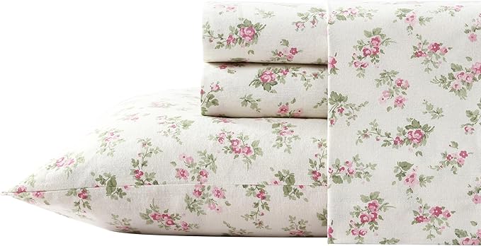 Laura Ashley Home Collection Premium Ultra Soft Cozy Lightweight Cotton Flannel Bedding Sheet Set, Wrinkle, Anti-Fade, Stain Resistant & Hypoallergenic, King, Audrey Pink (201593)