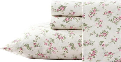 Laura Ashley Home Collection Premium Ultra Soft Cozy Lightweight Cotton Flannel Bedding Sheet Set, Wrinkle, Anti-Fade, Stain Resistant & Hypoallergenic, King, Audrey Pink (201593)