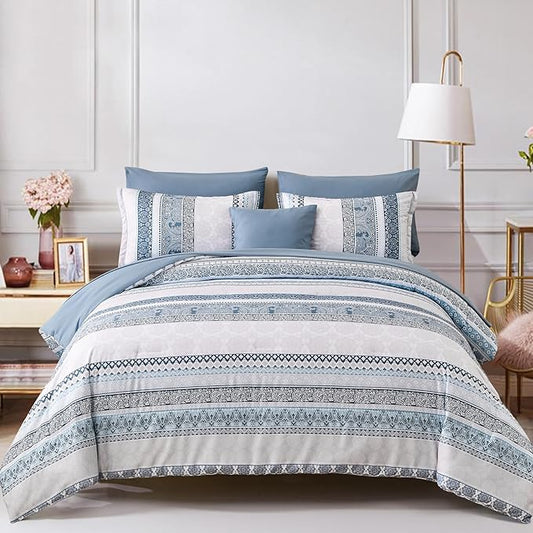 Cottolester Boho Comforter Set King Size Light Blue Comforter Set 8 Piece Bed in a Bag Striped Paisley Bedding Sets