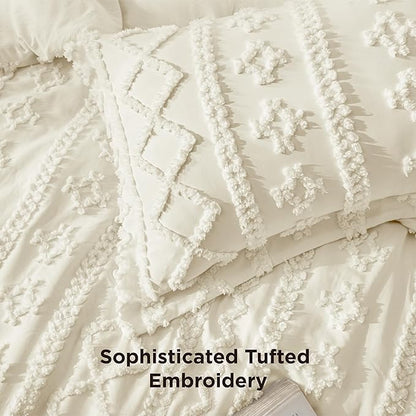 Bedsure Tufted Boho Comforter Set Oversized King - Ivory Boho Bed Set, GentleSoft™ 3 Pieces Farmhouse Shabby Chic Embroidery Bedding, Gifts for Woman, Soft Jacquard Comforter for All Seasons