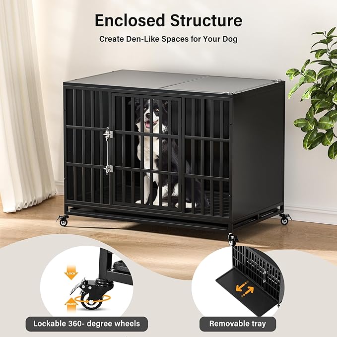 48 inch Heavy Duty Dog Crate with Self-Locking Latch, Indestructible Large Steel Kennel with Enclosed Design, Escape-Proof and Chew-Proof Pet Cage for High Anxiety Dogs-Mewly Pet