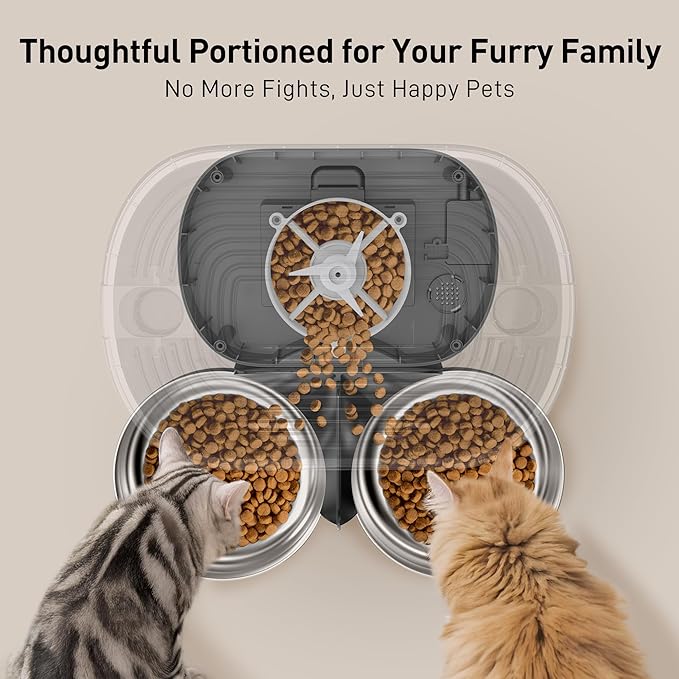 VOLUAS Automatic Cat Feeders for Two Cats,Stainless Steel 5L Pet Feeder for Cats and Dogs Timed Cat Feeder Pet Dry Food Dispenser, Silver Black-Mewly Pet