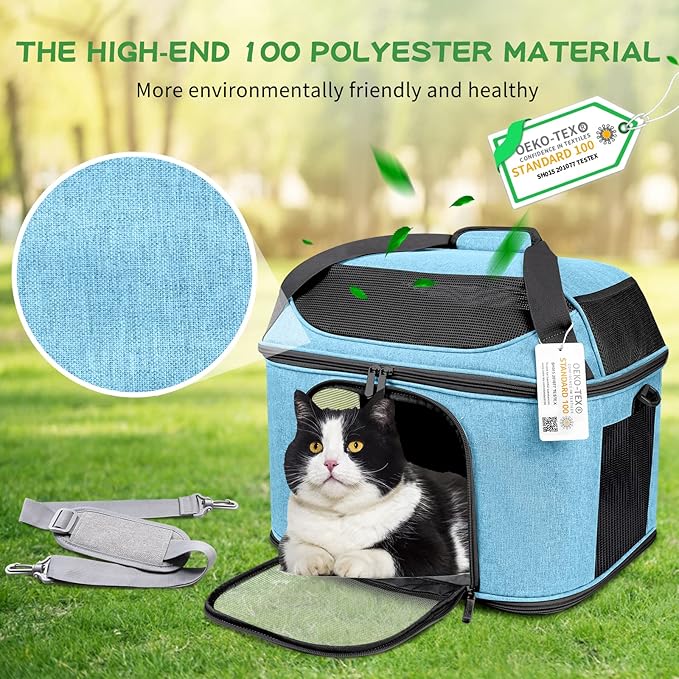 Large Cat Carrier for 2 Cats Soft Side Pet Carrier for Kitten Small Dog Collapsible Travel Small Dog Carrier, TSA Airline Approved Carrier for Large Cats 20 lbs, Blue-Mewly Pet