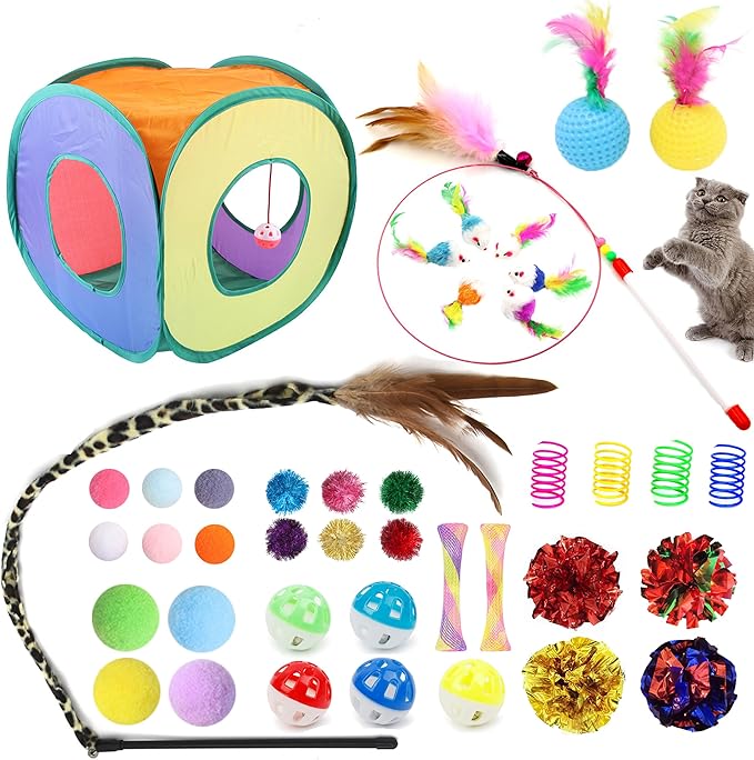 42pcs Interactive Cat Toys Kit - Multi-Activity Kitten Toy Set with Collapsible Tunnel, Feather Wand & Bell, Cat Balls Toys - Indoor Play Enrichment Supplies for Adult Cats & Kittens-Mewly Pet