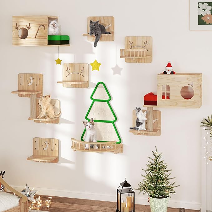Cat Wall Shelves, Cat Wall Furniture Pine Wooden Feline Shelf, 16 Piece Shelves and Perches with Bowl, Warmer Mat, Condos, House, Steps and Cat Scratcher-Mewly Pet