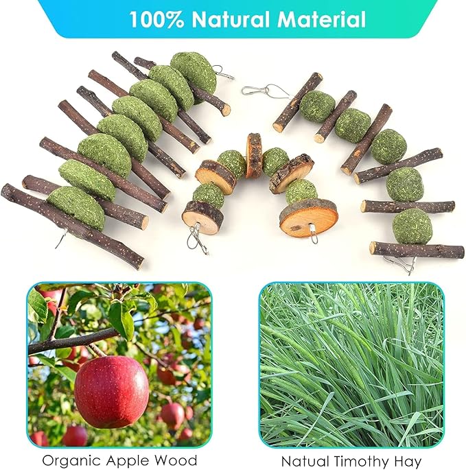 ERKOON Bunny Chew Toys, Rabbit Chew Toys for Teeth Grinding, Improve Dental Health, 100% Natural Apple Wood Timothy Grass Cake Treats for Rabbits Guinea Pigs Chinchillas Bunnies Hamsters (7 Pcs)-Mewly Pet