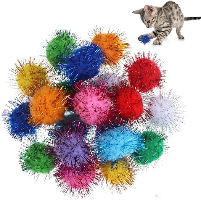 40 Pcs Pom Pom Balls for Kittens Colorful Pompom Balls for Cats Sparkle Ball for Cats Interactive Cat Toy Set for Exercise and Entertainment-Mewly Pet