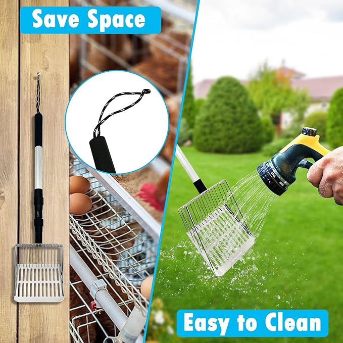 PINVNBY Stainless Steel Chicken Poop Scooper 3 in 1 Adjustable Long Handle Poop Scooper for Chicken(21.8" to 38.6") Multifunctional Chicken Coop Cleaning Tools Sifting Shovel Chicken Coop Accessories-Mewly Pet