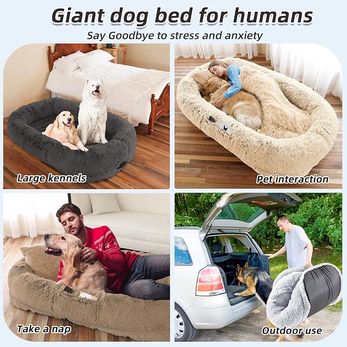 Human Dog Bed, Large Dog Beds for Humans Size Fits You and Pets, Washable Faux Fur Orthopedic Human Pet Bed for People Doze Off, Napping, Present Pillow, Blanket, Strap - Khaki-Mewly Pet