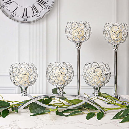 Crystal Tealight Candle Holder Centerpiece Home Decorative Candlestick Holder Elegant Table Centerpiece Home Decor Wedding Party Anniversary (Silver, Set of 3)