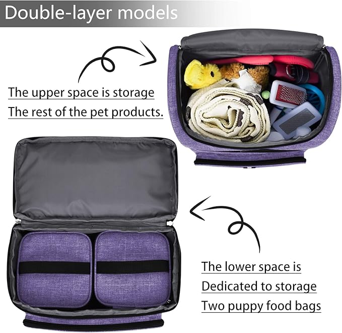 BAGLHER Pet Travel Bag, Double-Layer Pet Supplies Backpack (for All Pet Travel Supplies), Pet Travel Backpack with 2 Silicone Collapsible Bowls and 2 Food Baskets Purple-Mewly Pet