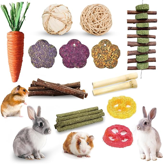 WDEFUN 21-Piece Natural Small Pet Chew Toys Set for Rabbits, Hamsters & Organic Grass Mat, Hay Sticks, Loofah Slices, Wooden Chews & More for Dental Health & Boredom Relief-Mewly Pet