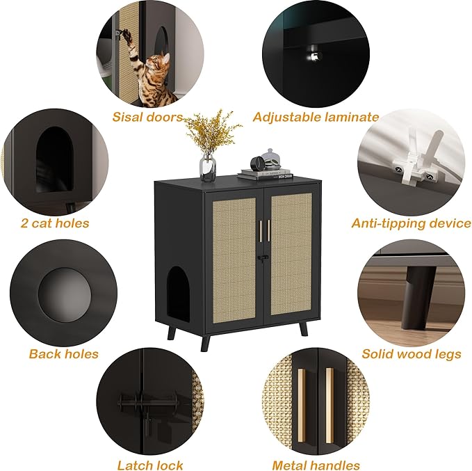 Lovinouse Large Cat Litter Box Enclosure,Hidden Kitty Litter Furniture with Sisal Covered Doors,2-Layer Wooden Cat Washroom Cabinet w/Adjustable Shelf, Side Table for Living Room,Black-Mewly Pet