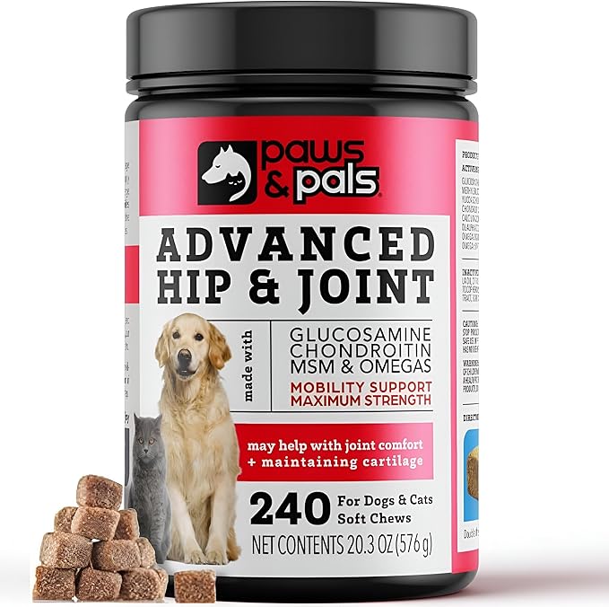 Paws & Pals Glucosamine Chondroitin MSM for dogs 240 Count, Hip and Joint Mobility Soft Chews Supplement, Pain & Inflammation Relief for all breeds - Maximum Strength, Treats Hip Dysplasia & Arthritis-Mewly Pet
