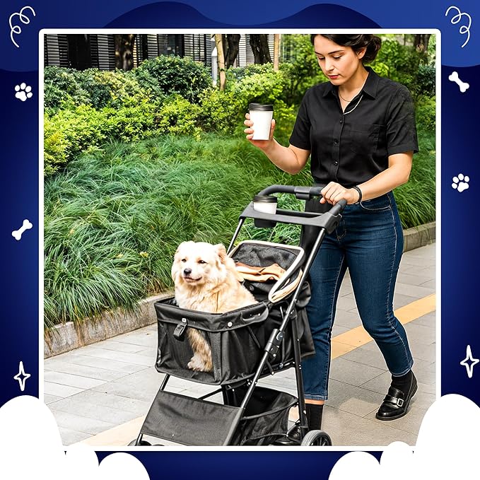 Pet Stroller with 4 Rolling Casters for Pets – Lightweight Multifunctional Travel Stroller with Mesh Windows, Cup Holder, Sun Shades & Storage Pocket for Puppy and Kitty-Mewly Pet