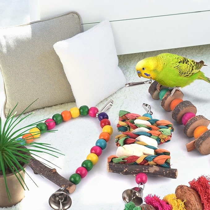 Bissap Bird Chew Toys, 7 Packs Parakeet Natural Wood Toys Parrot Hanging Cage Toy Bird Perch Stand for Small Bird Conure Cockatiel Parrotlet Lovebird Budgie-Mewly Pet