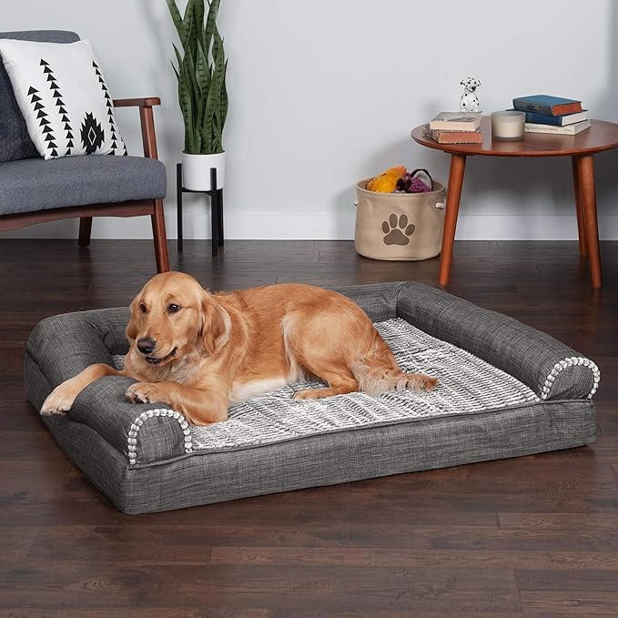 Furhaven Cooling Gel Dog Bed for Large Dogs w/ Removable Bolsters & Washable Cover, For Dogs Up to 95 lbs - Luxe Faux Fur & Performance Linen Sofa - Charcoal, Jumbo/XL-Mewly Pet