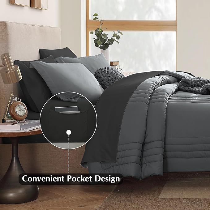 Monbix Full Comforter Set - 7 Pieces Grey Bed in a Bag Full Size Bedding Sets with Comforters, All Seasons Down Alternative Comforter with Sheets,Pillowcases & Shams