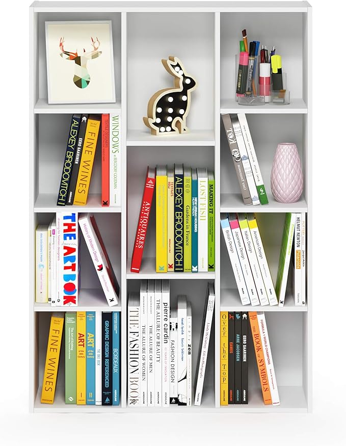 Furinno LUDER Book Shelf, 11-Cube Bookshelf, Reversible Bookcase, 9.4" x 29.1" x 41.7", for Living Room, Bedroom, Home Office, White