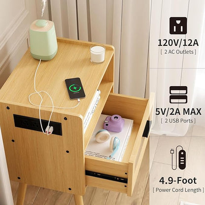 Mid Century Modern Nightstand with Charging Station, Bedside Tables with Glass Drawer, End Table Side Table with 2 Tiers Storage Space, for Bedroom, Living Room, Natural