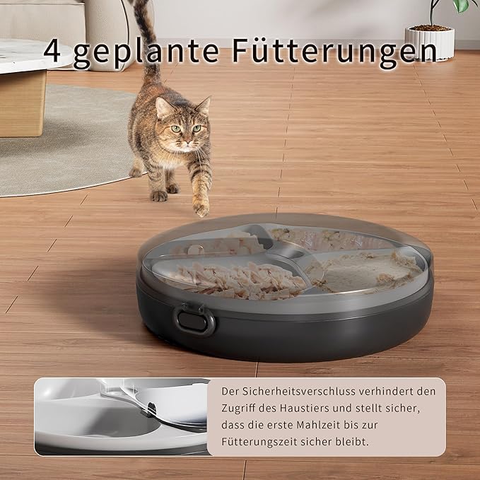 Automatic Cat Feeder Wet Food, Whisker-Friendly Automatic Cat Food Dispenser True 4-Meal Design with Locking Lid, Smart Timer Feeder for Wet Cat/Dog ，2-Ice Packs, Easy to Clean (Black)-Mewly Pet