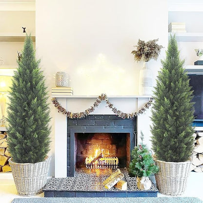 5FT Artificial Cedar Topiary Tree Lifelike Faux Cedar Pines Christmas Trees UV Rated Faux Shrubs Everygreen Plants for Front Porch Outdoor Decor Set of 2
