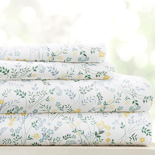 Linen Market 4 Piece Queen Sheet Set - Breathable, Double-Brushed Patterned Cooling Sheets – Oeko-TEX Certified Ultra Soft & Wrinkle-Free 16" Deep-Pocket Queen Sheets - Easy Care Wildflower Blue