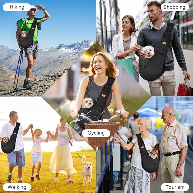 CUBY Dog and Cat Sling Carrier, Hand-Free Dog Carrier Slings with Adjustable Straps Pocker, Puppy Slings Carrier for Small Dogs Cats Outdoor Travel Bag(Black, M-Adjustable Strap)-Mewly Pet