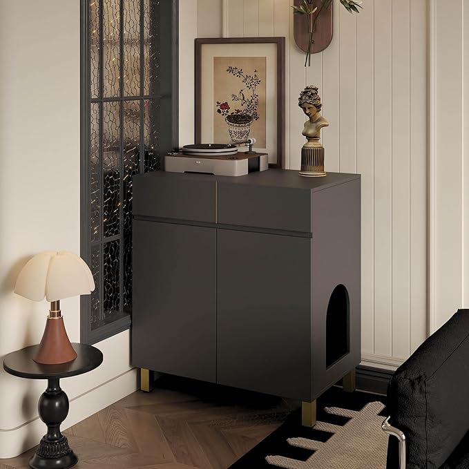 Large/Tall Litter Box Enclosure, Modern Wooden Litter Box Furniture for XL Litterbox with Drawer as Sideboard Cabinet (Black)-Mewly Pet