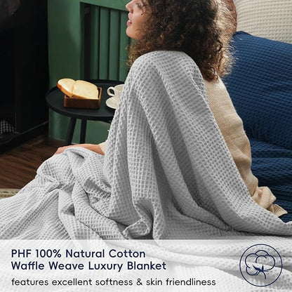 PHF Pre-Washed Cotton Waffle Weave Family Blanket,Oversized King Size 120"x 120"-Snag Proof Lightweight Breathable, 10'x 10' Huge Extra Large Big-Elegant Aesthetic Home Decoration Gift, Light Grey