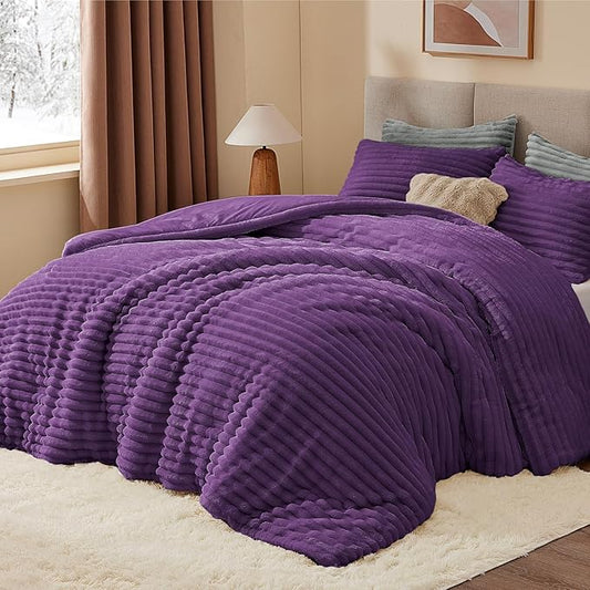 BEDELITE Fleece California King Comforter Set -Super Soft & Warm Fluffy Purple Bedding, Luxury Fuzzy Heavy Bed Set for Winter with 2 Pillow Cases