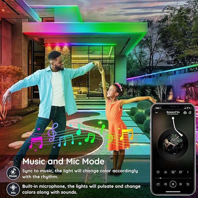 200ft Outdoor LED Strip Lights Waterproof,IP68 Outside Led Light Strips Waterproof with App and Remote,Music Sync RGB Exterior Led Rope Lights with Self Adhesive Back for Roof,Deck